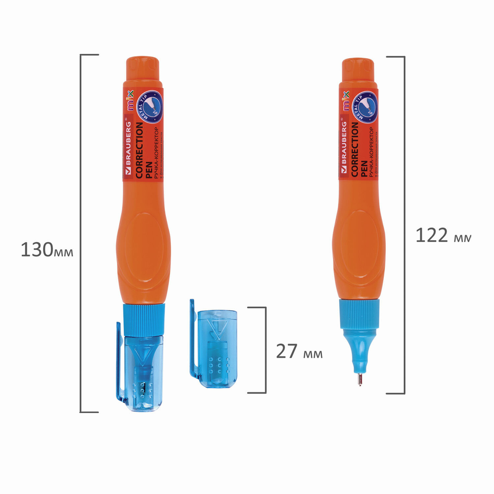 Корректирующая ручка BRAUBERG, 9 мл, металлический наконечник, ассорти