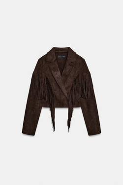 ZARA КУРТКА ИЗ ИСКУССТВЕННОЙ ЗАМШИ С БАХРОМОЙ, ШОКОЛАДНО-КОРИЧНЕВЫЙ