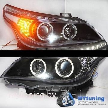 Передние фары Bmw 5 E60/E61 angel eyes black led indicator