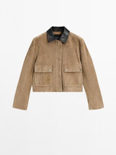 Massimo Dutti Куртка из замши с контрастной отделкой, светло-коричневый