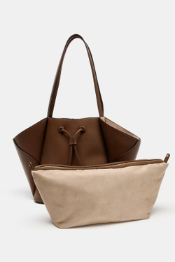 ZARA БОЛЬШАЯ СУМКА-ШОПЕР С ДЕТАЛЯМИ, ТЕМНЫЙ РЫЖЕВАТО-КОРИЧНЕВЫЙ