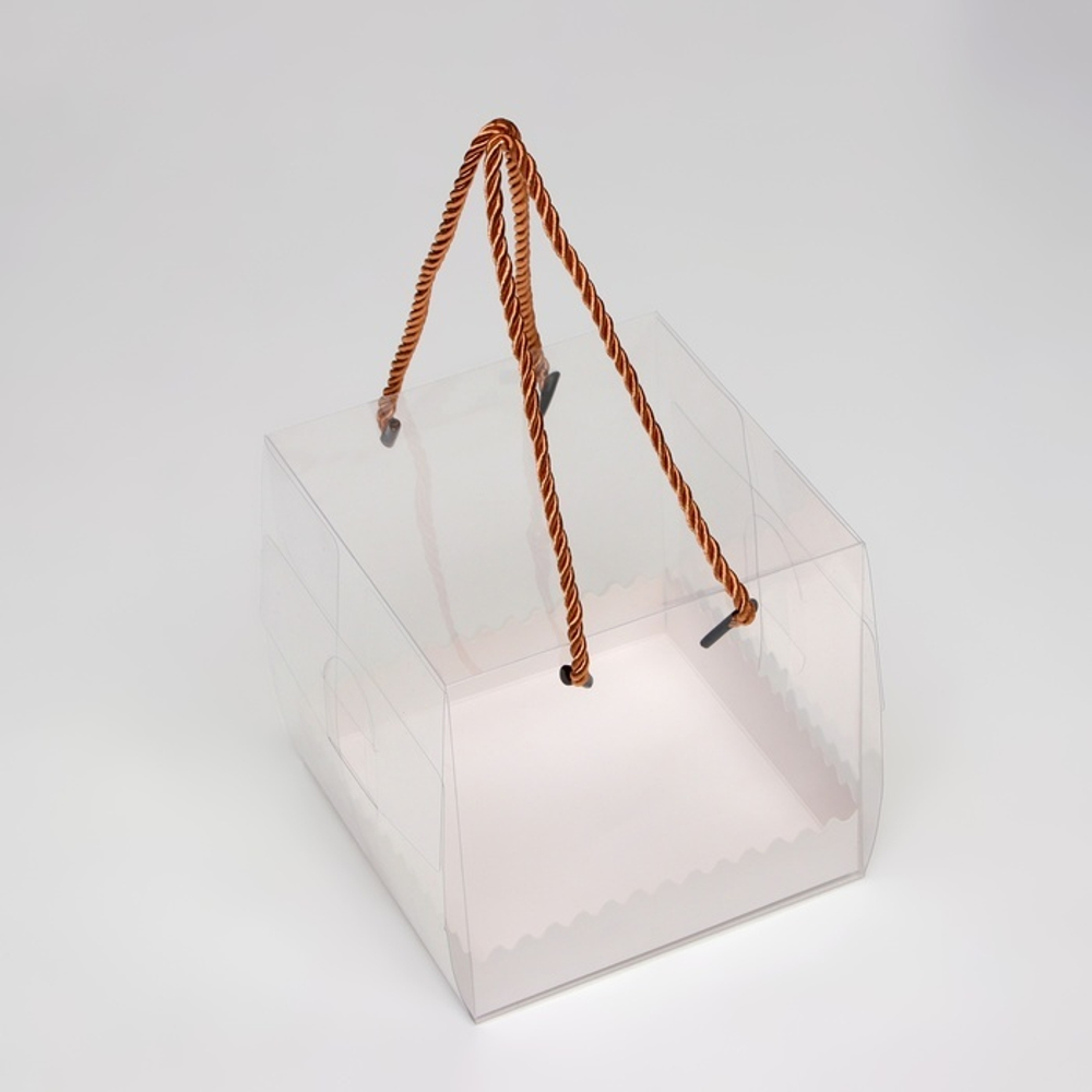 Коробка для бенто прозрачная с веревочными ручками  14×14×14 см