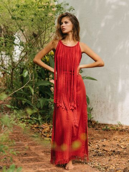 Платье с веревочным воротником (красная охра)