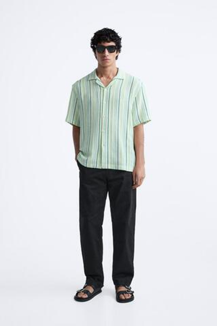 ZARA РУБАШКА ИЗ РЕЛЬЕФНОЙ ТКАНИ В ПОЛОСКУ, ЗЕЛЕНЫЙ/ЭКРЮ