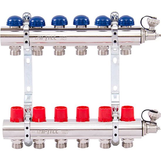 Коллектор Uni-Fitt 1"х3/4" 6 вых. латунь с регулировочными и термостатическими вентилями 441E4306