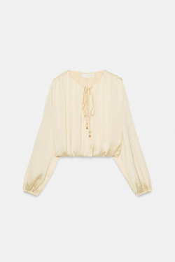 ZARA АТЛАСНАЯ БЛУЗА ОБЪЕМНОГО КРОЯ, ЖЕЛТОВАТО-БЕЛЫЙ