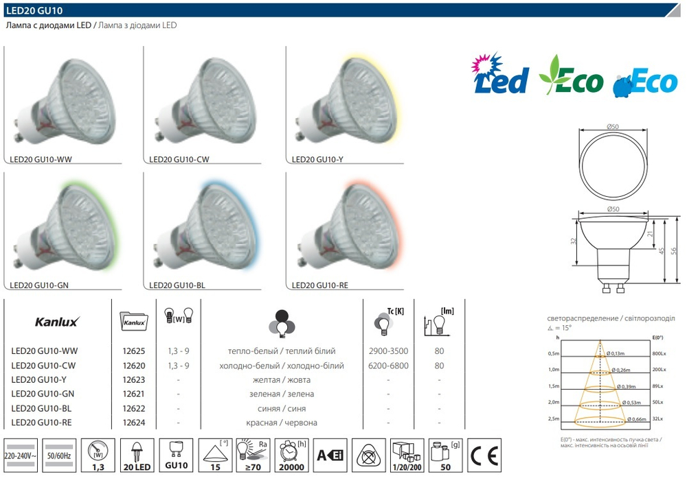 Лампа светодиодная gu10 6500k KANLUX LED20 1,3W CW