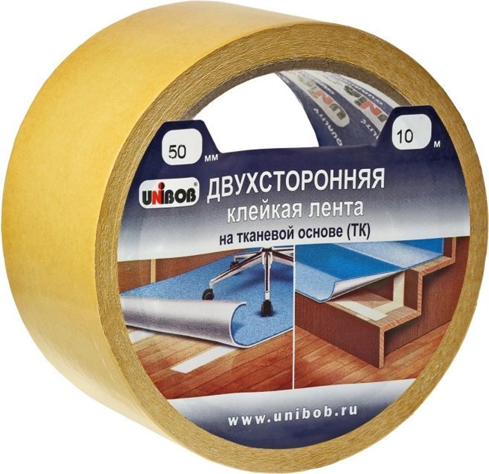 Лента клейкая двухсторонняя UNIBOB скотч 50ммх10м, с тканевой основой