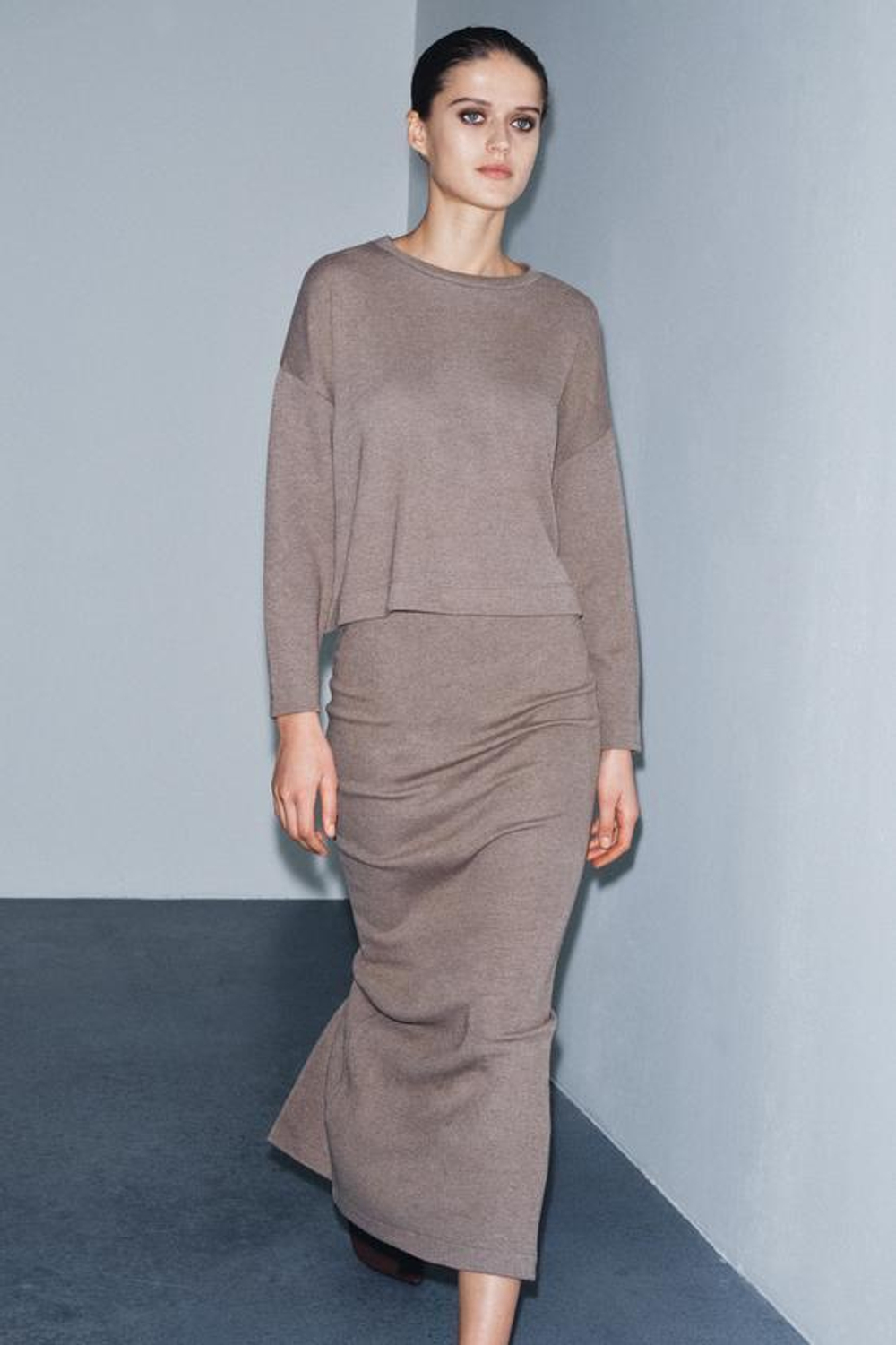 ZARA ЮБКА МИДИ ИЗ МЯГКОЙ ТКАНИ, КОРИЧНЕВЫЙ МЕЛАНЖ