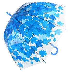 Зонт женский прозрачный купол трость Листья Синие