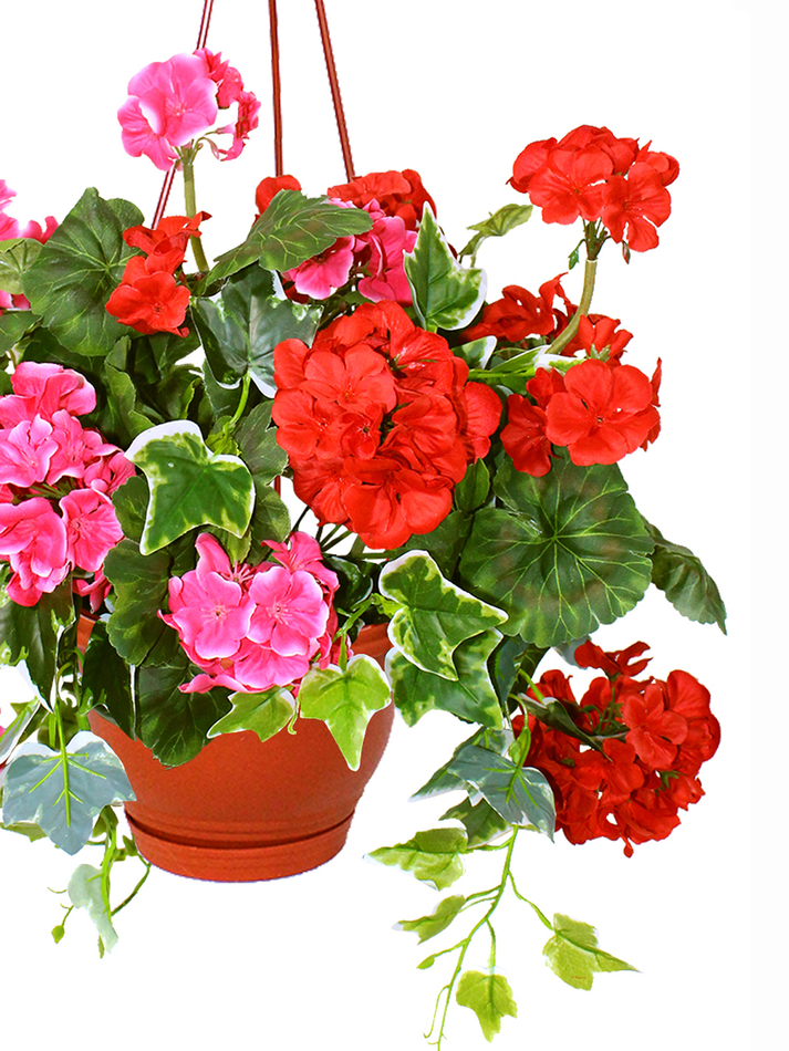 Искусственное растение Герань густая красно-малиновая в подвесном коричневом кашпо