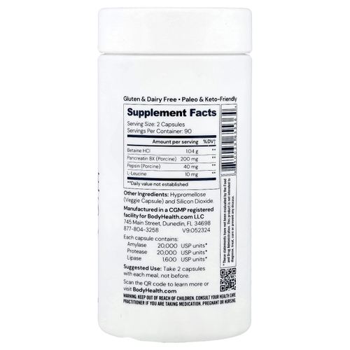 BodyHealth, Пищеварительные ферменты с бетаином, панкреатином и пепсином, 180 капсул