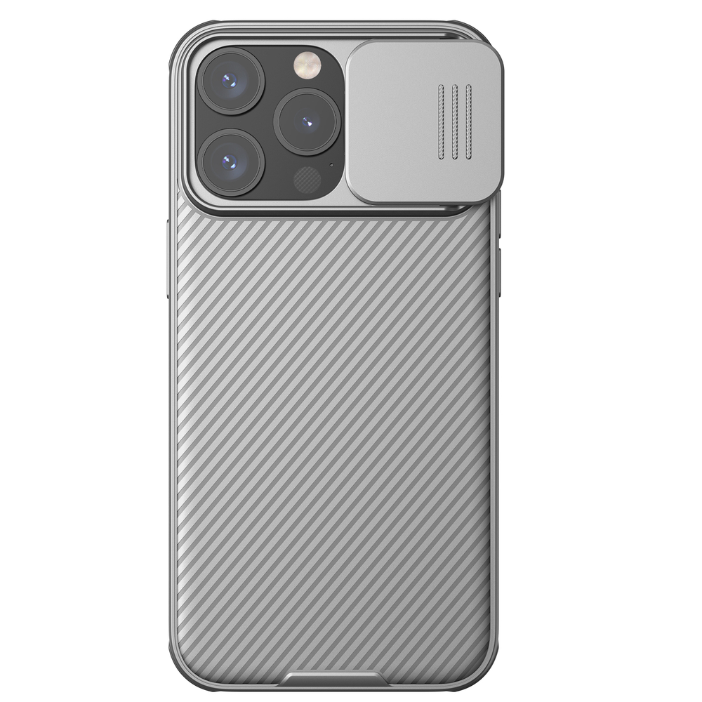 Чехол серого цвета (Titanium Gray) от Nillkin на iPhone 15 Pro Max, серия CamShield Pro Case, с защитной шторкой для камеры