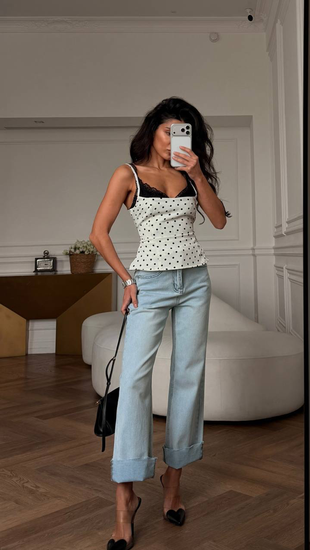 Корсетный топ в горошек с гипюром