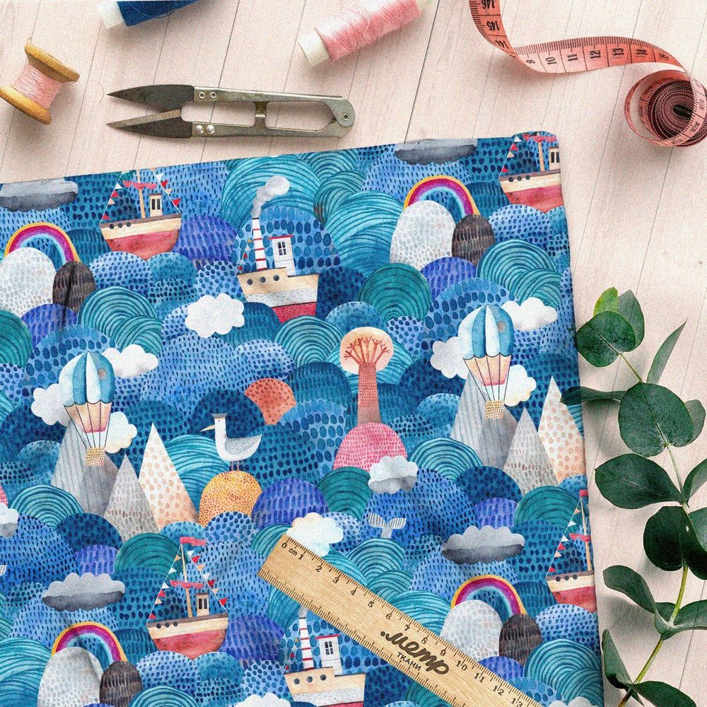 Ткань атлас морские детские корабли и горы