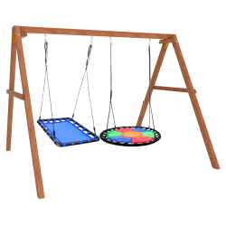 Деревянные качели с круглым гнездом Свиби и с овальным голубым гнездом