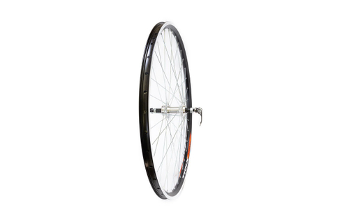 Колесо заднее 27.5" TRIX, профиль алюминиевый, двойной, 36H, фрезерованный, 584х19,4/25х21,4мм, A/V, анодированный, черный, втулка алюминиевая, V-br, под трещотку, эксцентрик, серебристая, спица серебристая