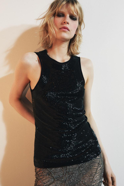 ZARA ТОП КОМБИНИРОВАННЫЙ С БУСИНАМИ, ЧЕРНЫЙ