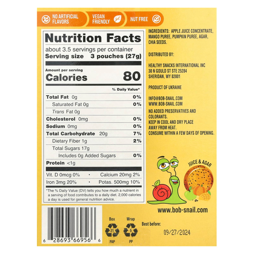Bob Snail, Fruit Gummy Snack, яблоко, манго, тыква и чиа, 10 шт., 9 г (0,32 унции)
