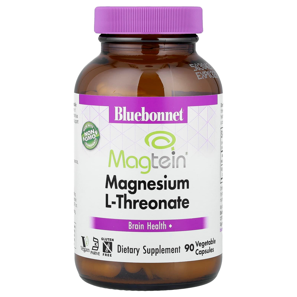 Bluebonnet Nutrition, Magtein® L-треонат магния, 90 растительных капсул (48 мг в 1 капсуле)
