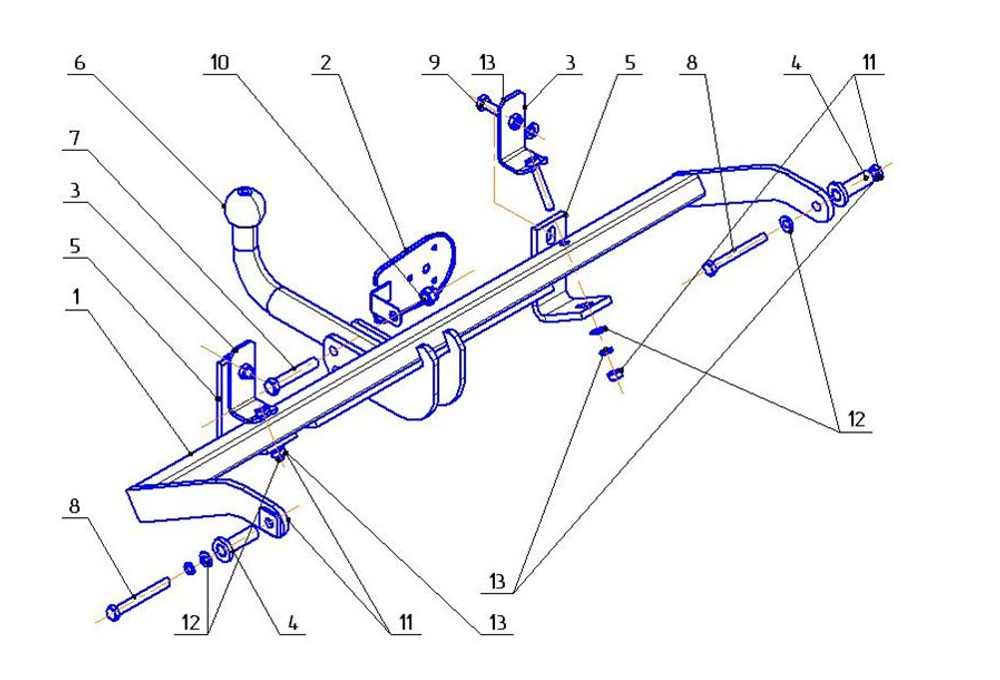 Фаркоп на Renault Kangoo 1998-2010, Nissan Kubistar 2003-2009 без подрезки бампера. Тип шара: A. Нагрузки: 1250/75 кг, RN 05