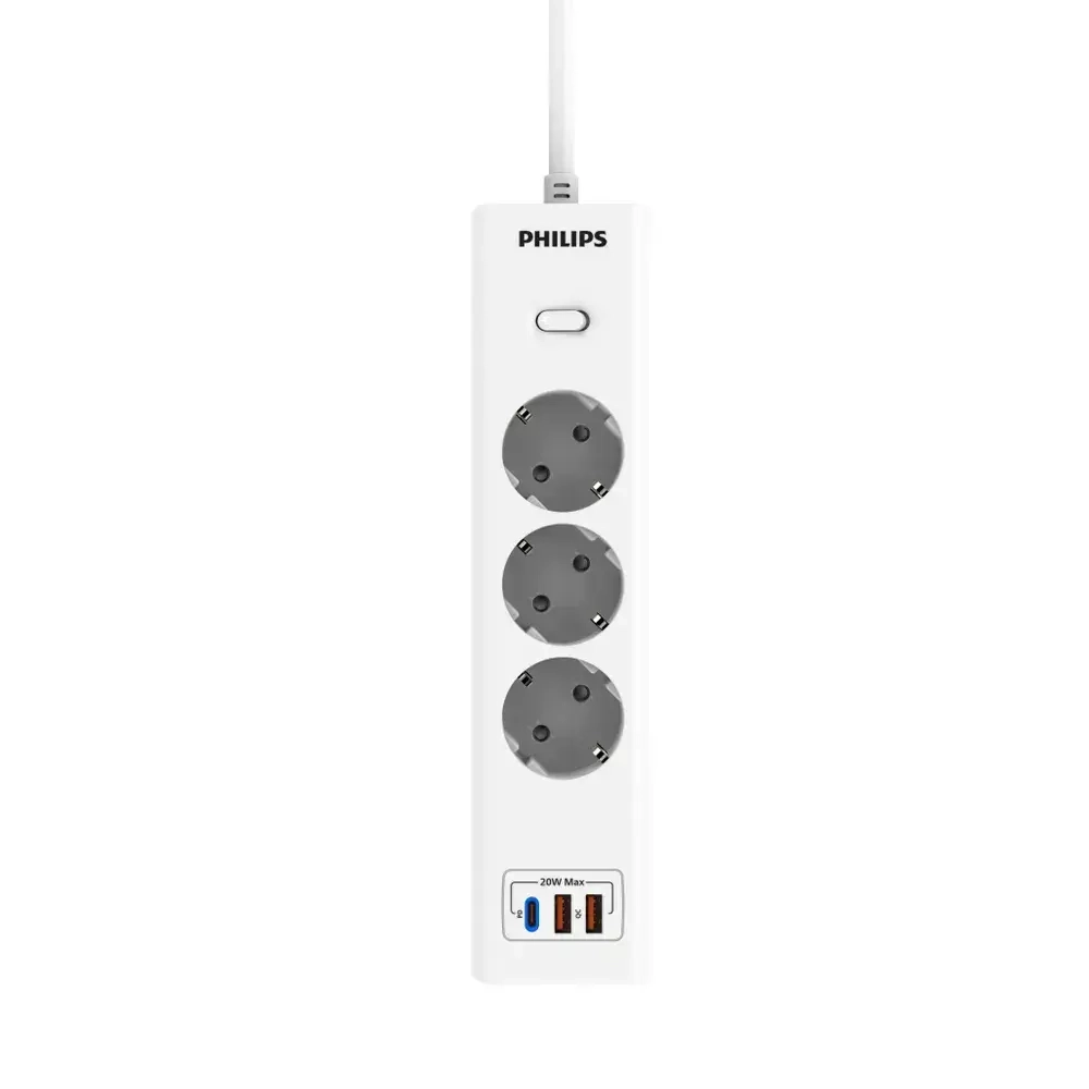 Сетевой фильтр удлинитель Philips CHP4336WA/51 с тремя стандартными розетками EU, 2 USB-A, Type-C, с заземлением и защитой от перегрузок, 2 м, белый