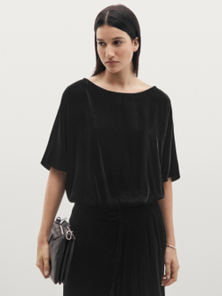 Massimo Dutti Бархатный топ с короткими рукавами, черный