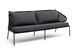 "Милан" диван 3-местный плетеный из роупа, каркас алюминий темно-серый (RAL7024) муар, роуп темно-серый круглый, ткань темно-серая 027