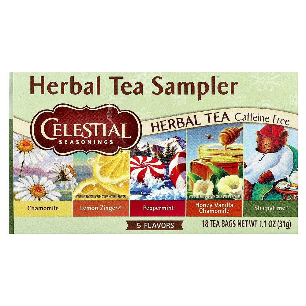 Celestial Seasonings, Пробник травяного чая, 5 вкусов, без кофеина, 18 чайных пакетиков, 31 г (1,1 унции)