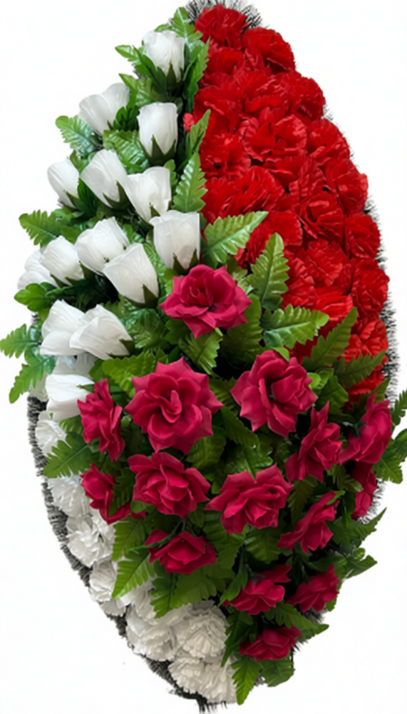 Венок на похороны из искусственных красных и белых гвоздик, роз и зелени 125 см Венок на похороны из искусственных красных и белых гвоздик, роз и зелени 125 см
