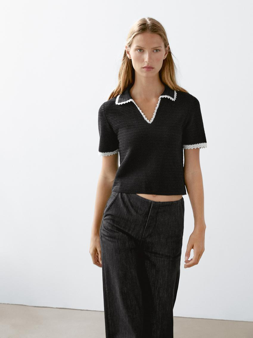 Massimo Dutti Поло из 100% хлопка с короткими рукавами, черный