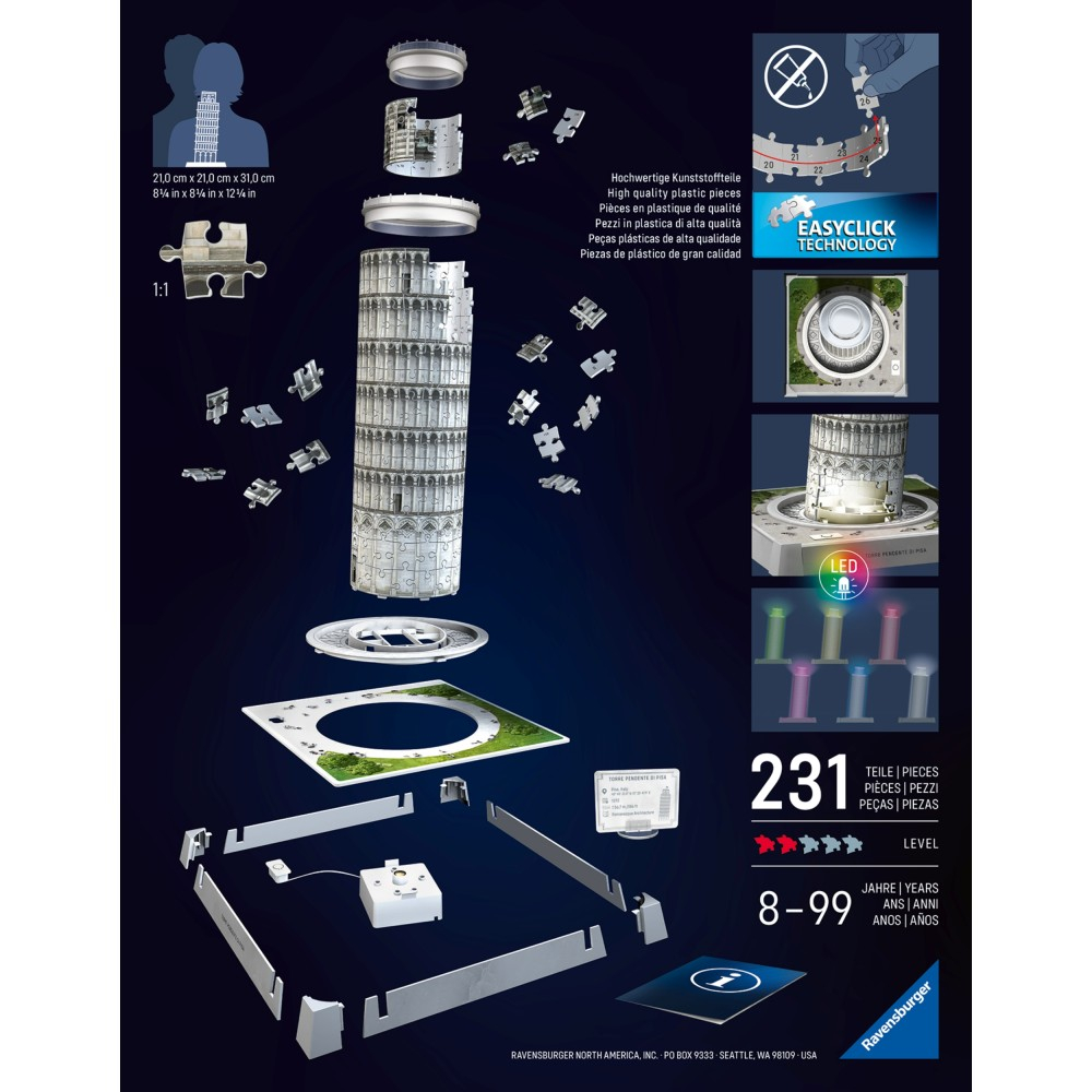 Пазл 3D Ravensburger Iconics 080282 Пизанская башня с LED-подсветкой 231 элемент 080282 — фото 3