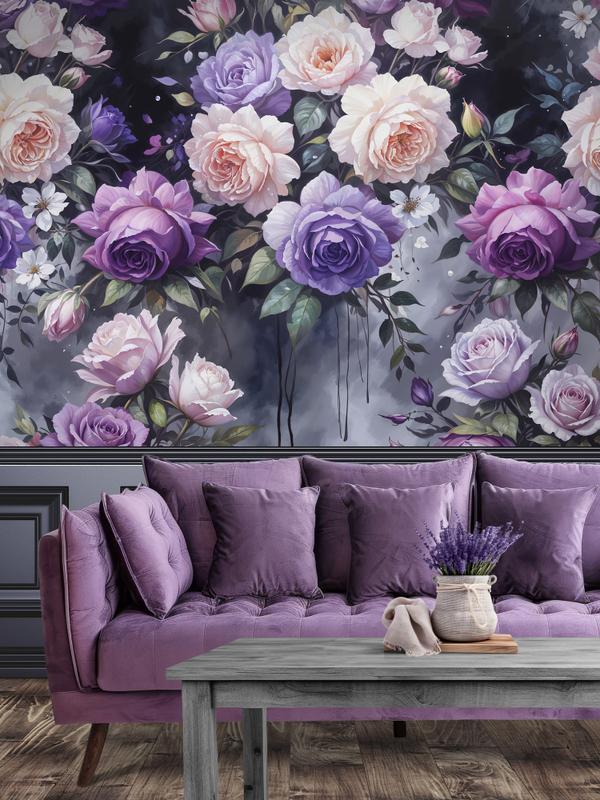 Темные Фотообои "Цветы роз фиолетовые и бежевые"