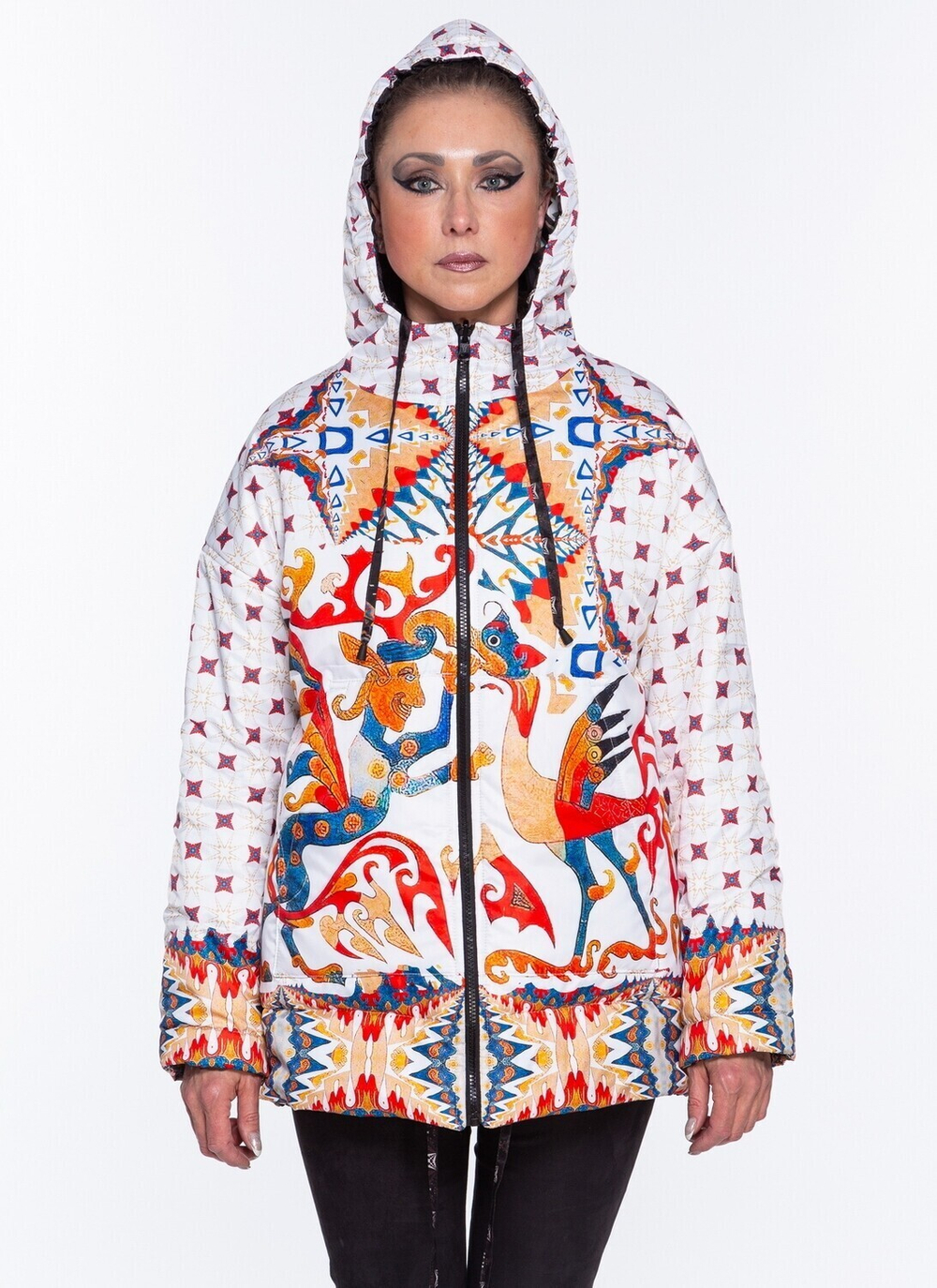 Двусторонняя куртка "Будни и праздник", по мотивам абстрактной живописи Василия Кандинского и древнего скифского ковра