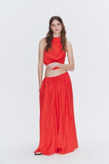 ZARA БРЮКИ ПАЛАЦЦО НА ШНУРКЕ, КОРАЛЛОВО-КРАСНЫЙ