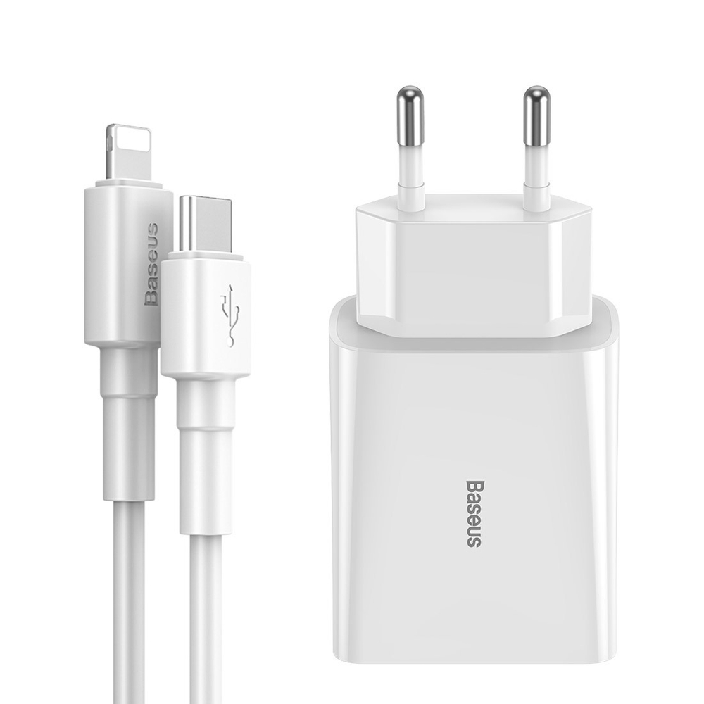 Зарядное устройство + Кабель Baseus Speed Mini PD Single Tyep-C Quick Charger 18W Charging Sets - White