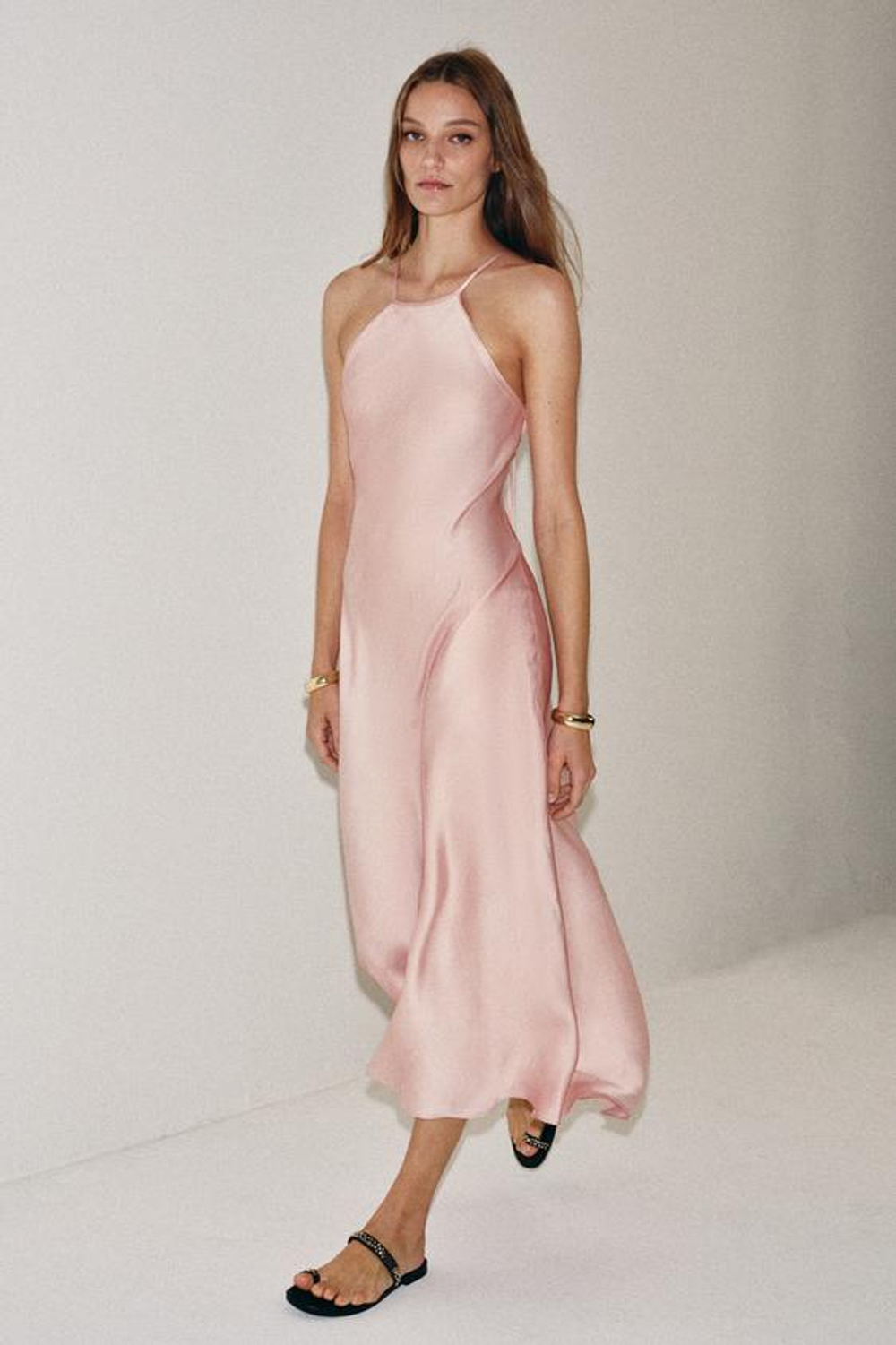 ZARA АТЛАСНОЕ ПЛАТЬЕ ХАЛТЕР ZW COLLECTION, РОЗОВЫЙ
