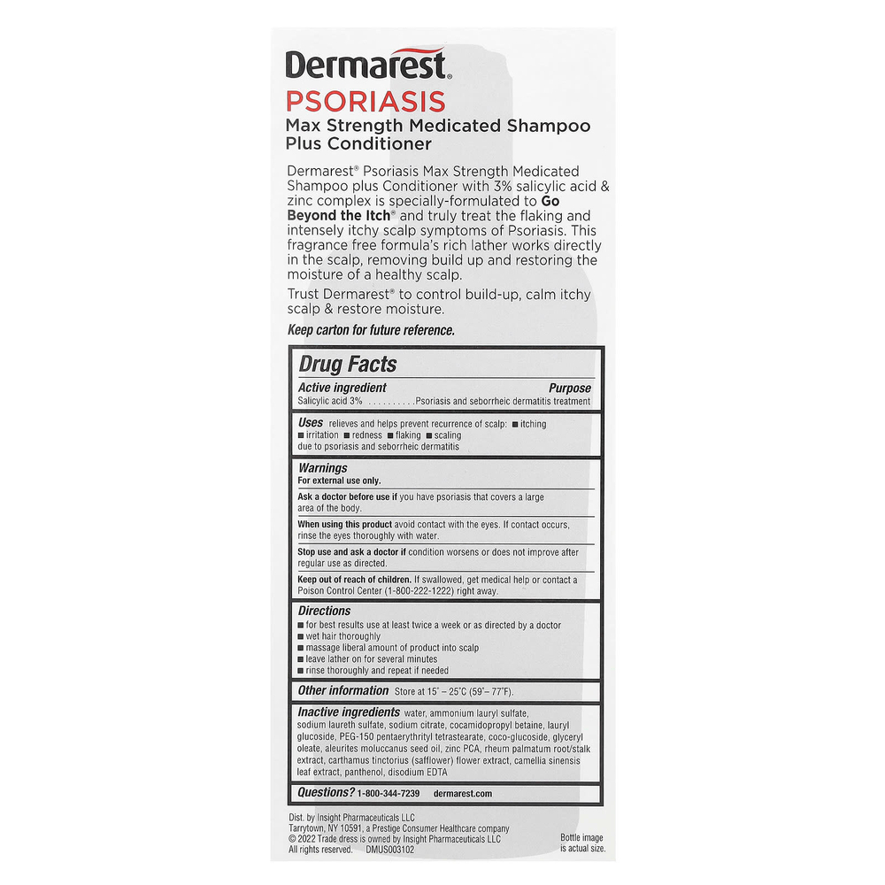 Dermarest, средство от псориаза, лечебный шампунь и кондиционер максимальной эффективности, без отдушки, 236 мл (8 жидк. унций)