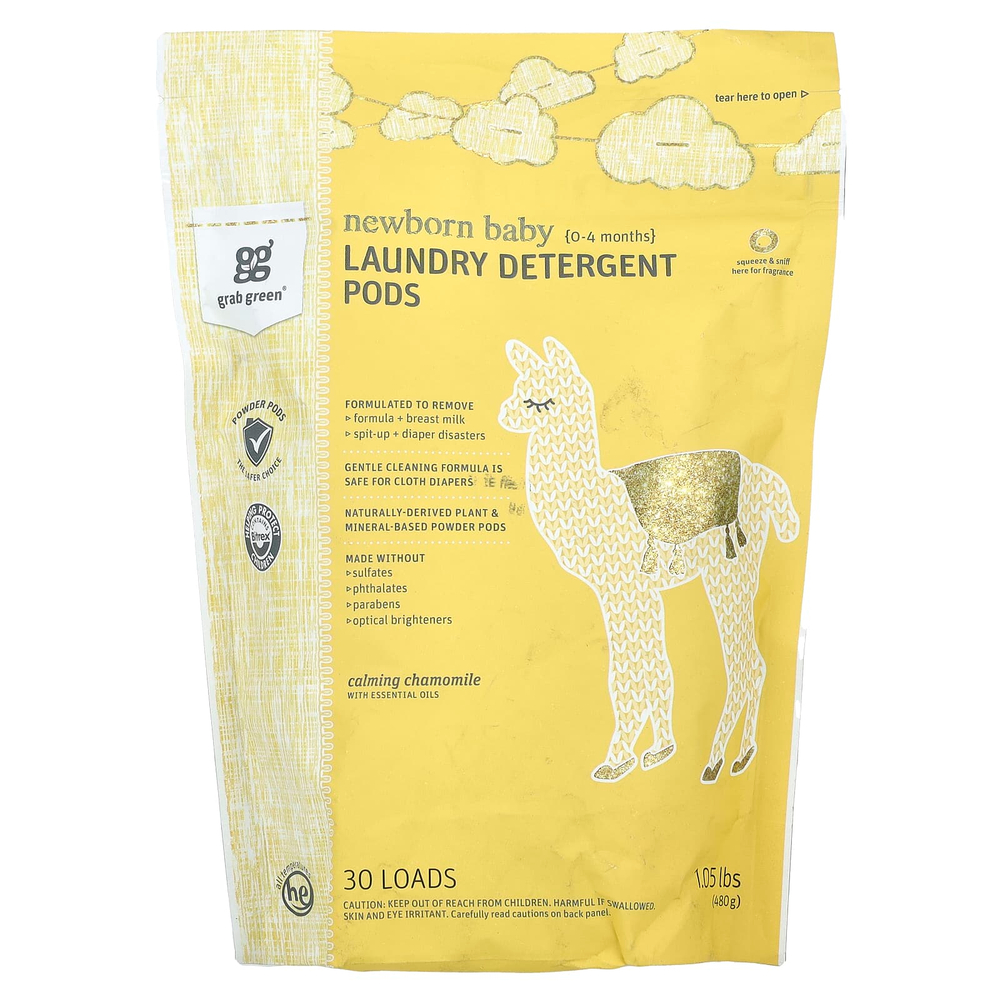 Grab Green, Капсулы со стиральным порошком, для новорожденных, от 0 до 4 месяцев, успокаивающая ромашка с эфирными маслами, 30 порций, 480 г (1,05 фунта)