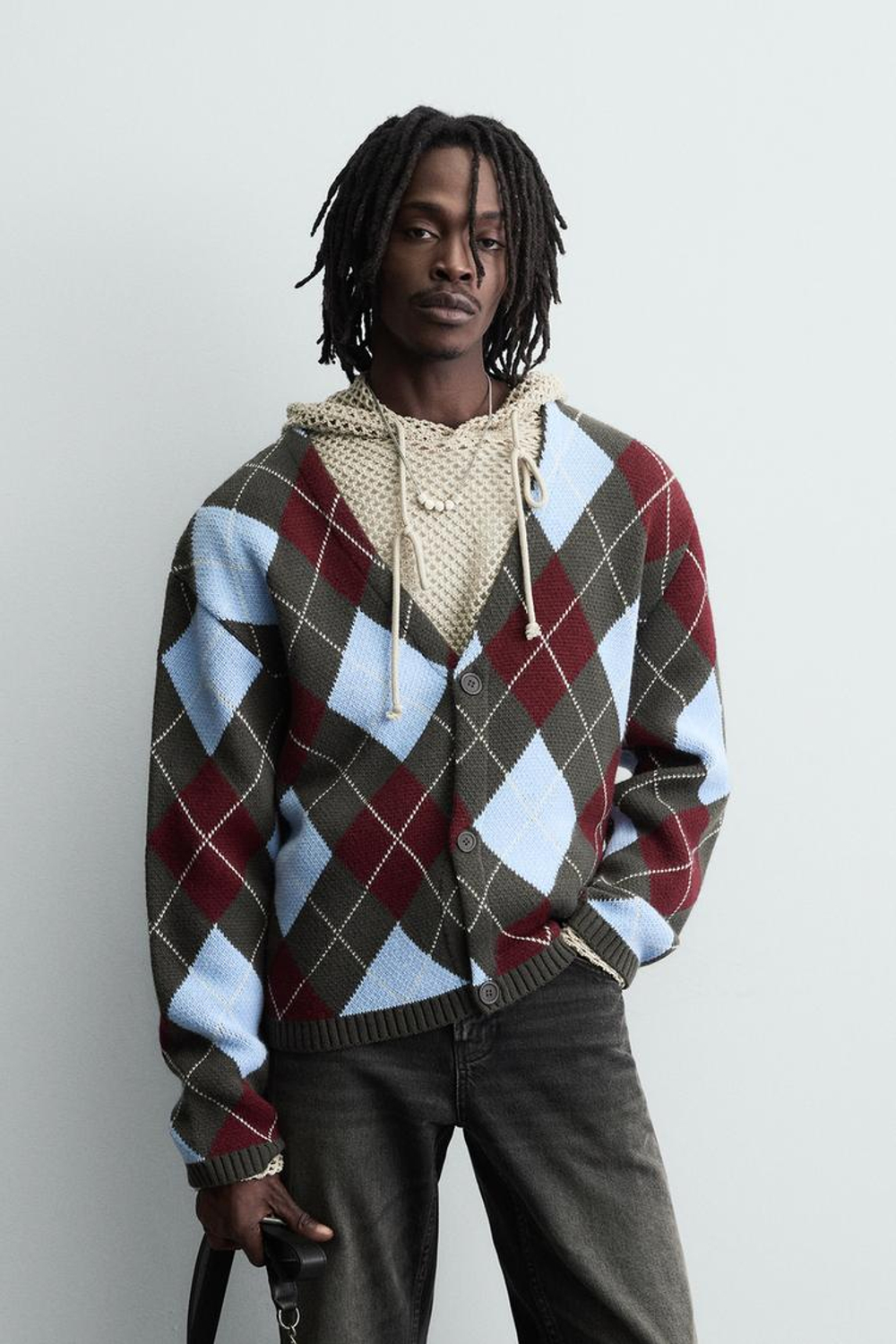 ZARA КАРДИГАН С УЗОРОМ "РОМБЫ", ШОКОЛАДНЫЙ