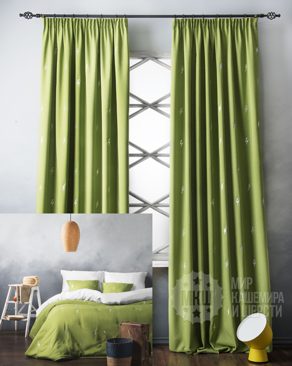 Комплект для спальни шторы и покрывало с вышивкой: ФЛЕШ (арт. BL10-246-04)  - (145х280)х2 см., покрывало 230х250 см. - зеленый
