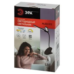 Настольный светильник ЭРА NLED-512-6W-BK светодиодный аккумуляторный на прищепке черный | Светодиодные настольные лампы
