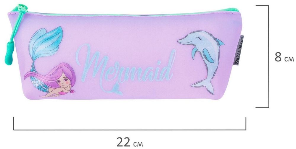 Пенал-косметичка BRAUBERG треугольный, мягкий, "Mermaid", 22х3х8 см, 229256