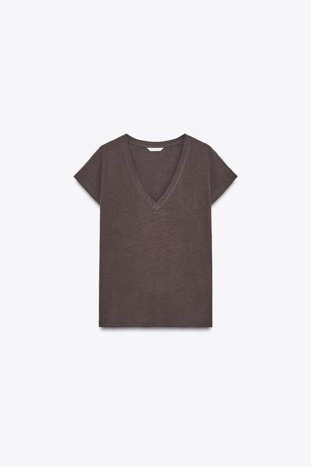 ZARA ФУТБОЛКА ИЗ ХЛОПКА И ЛЬНА, КОРИЧНЕВЫЙ