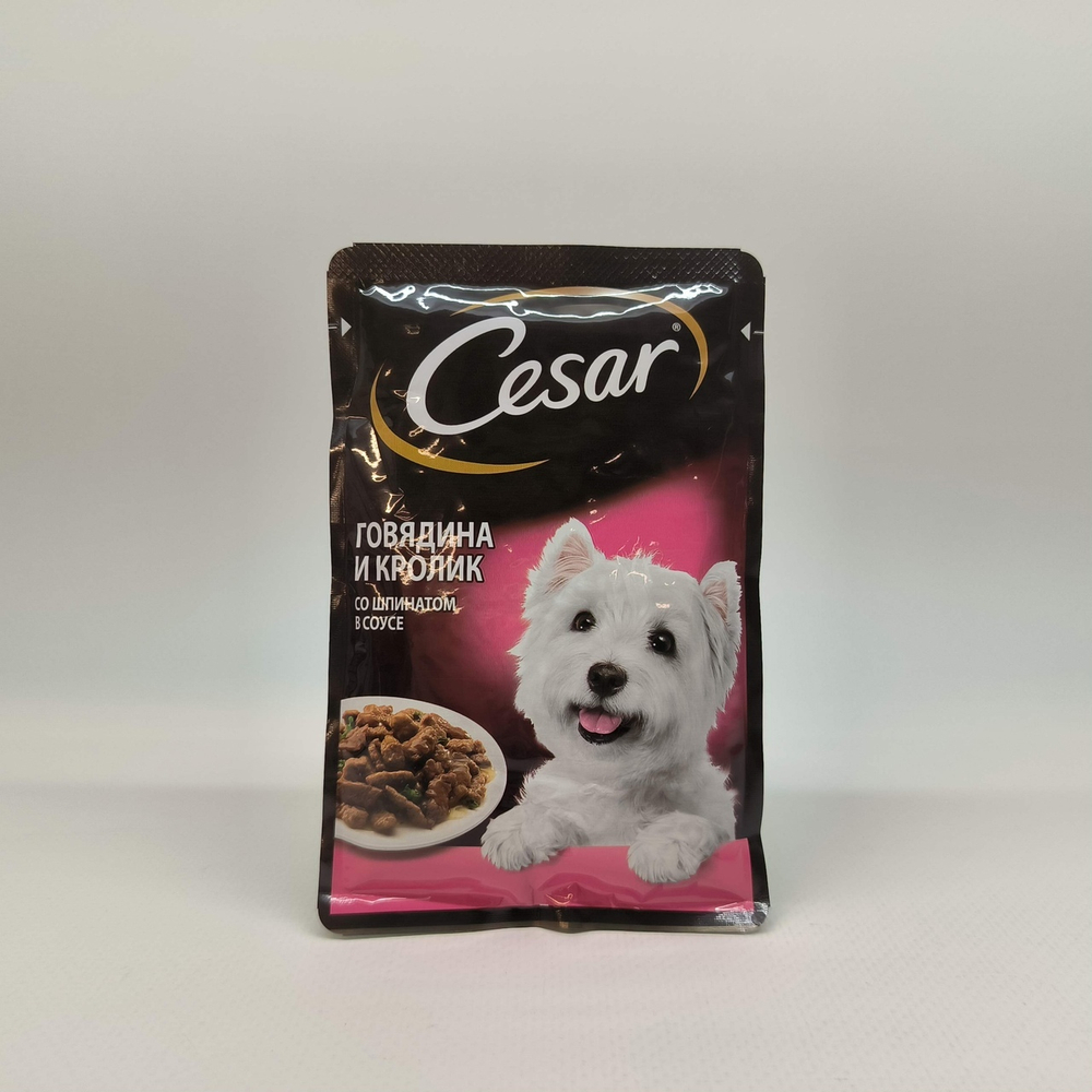 Говядина и кролик со шпинатом в соусе, 85г влажный корм для собак, Cesar
