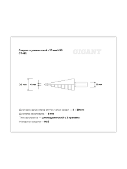 Сверло ступенчатое 4-20 мм, HSS Gigant GT-162