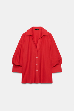 ZARA РУБАШКА ИЗ СМЕСОВОГО ЛЬНА С ОБЪЕМНЫМИ РУКАВАМИ, КРАСНЫЙ
