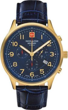 С ремешком Мужские наручные часы с синим кожаным ремешком  Swiss Alpine Military 7084.9515 Chronograph 43mm 10ATM