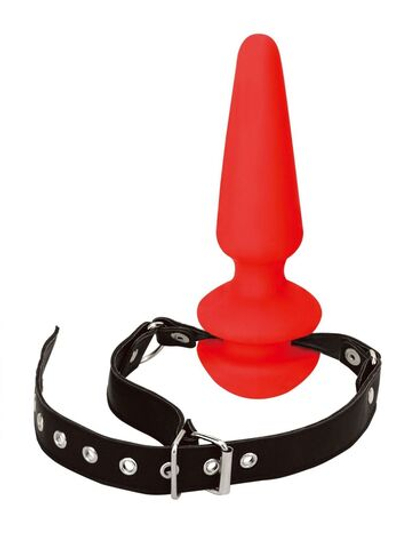 Красный кляп-плаг из силикона на черных регулируемых ремешках (Цвет: красный с черным)