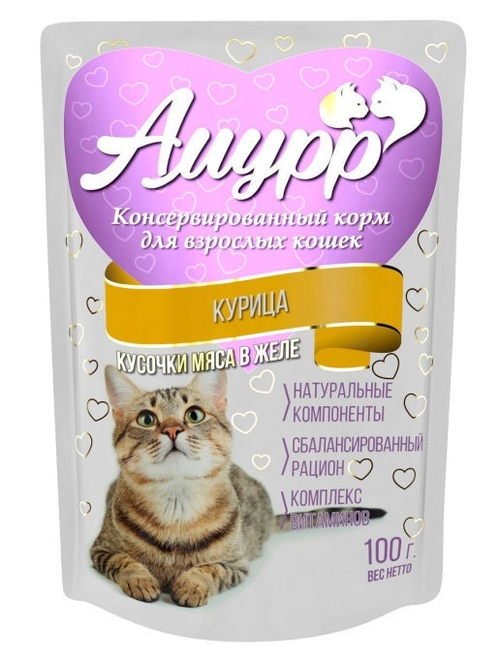 Амурр Влажный корм для взрослых кошек, курица в желе, 100 г